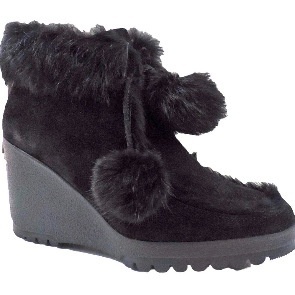 COACH Kataya Black‎ Suede Rabbit Fur Trim Lace Up Wedge Booties